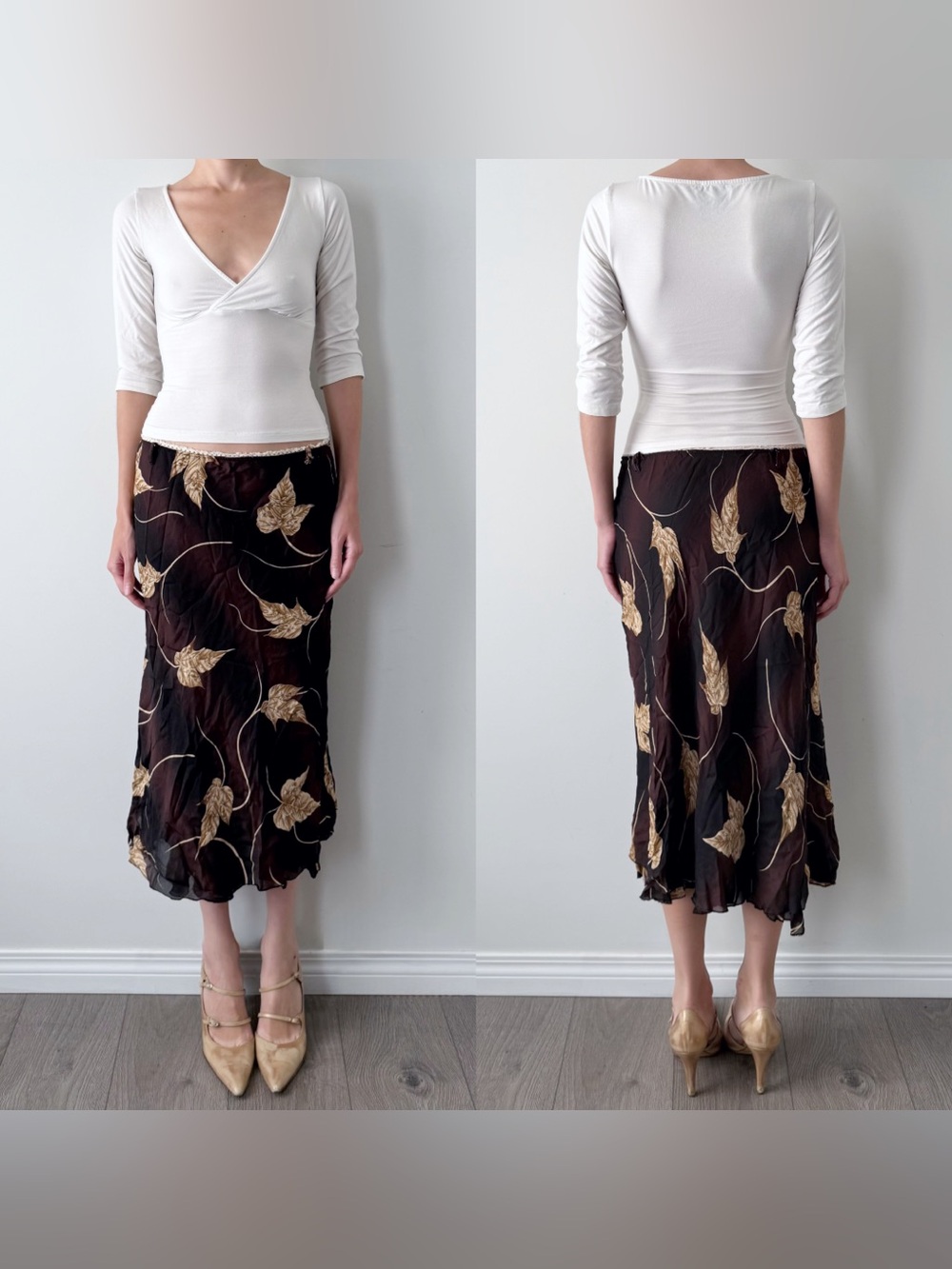 Vintage made in France brown fall leaf midi skirt